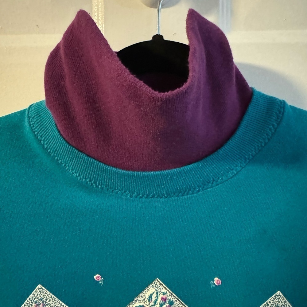 90s Floral Painted Grannycore Double Collar Turtleneck Sweatshirt VTG USA - Picture 4 of 13